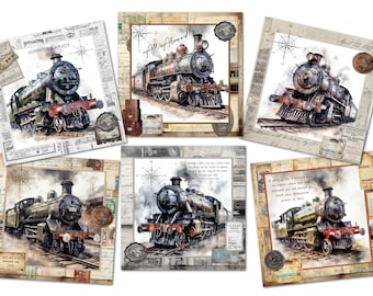 May include: A collection of six square prints featuring watercolor illustrations of vintage steam trains. Each print showcases a different train design with details like smoke, tracks, and text such as "Adventure Awaits" and "All Aboard!"