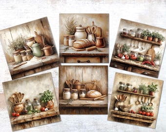 May include: A collection of five square art prints featuring rustic kitchen scenes. Each print showcases a still life with jars, bread, utensils, and herbs. The color palette is warm, with browns, creams, and touches of green and red.