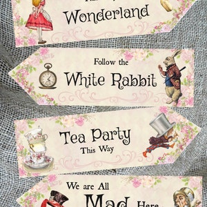 4 Alice in Wonderland Pink Floral Party Decoration Arrows Signs