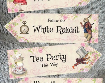 4 Alice in Wonderland Pink Floral Party Decoration Arrows Signs