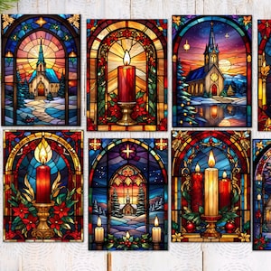 8 kerken en kaarsen in kerststijl met gebrandschilderd glas ATC-tags/toppers Kaarten maken