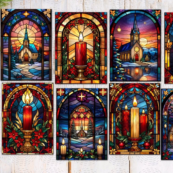 8 églises et bougies de style vitrail de Noël Étiquettes ATC/Toppers Fabrication de cartes