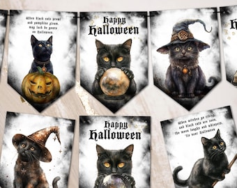 May include: A Halloween banner with black cats and pumpkins. The banner has the text "Happy Halloween" on it. The banner is perfect for decorating your home for Halloween.