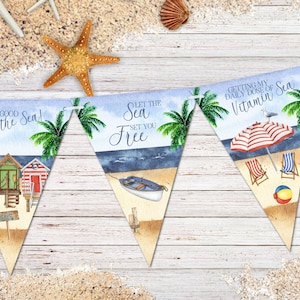 Cabaña de playa náutica, banderines/banner de tarjetas de verano junto al mar