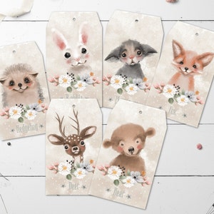 6 etiquetas de regalo y cinta de animales del bosque