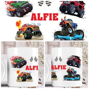 May include: White ceramic mug featuring a colourful monster truck design. The mug depicts a red, blue and green monster truck with flames and chequered flags. The name "Alfie" is printed on the mug.