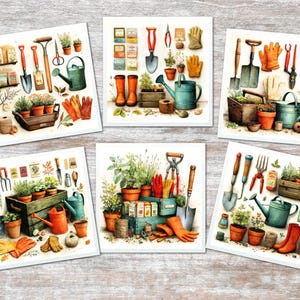 May include: Watercolour illustrations of gardening tools and supplies. The images feature spades, gloves, watering cans, pots of plants, and seed packets. The colour palette includes shades of green, orange, and brown, evoking a rustic, natural aesthetic.
