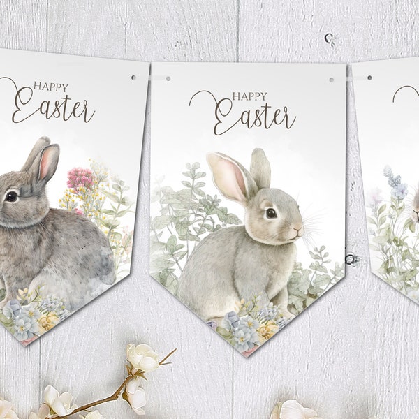 Grey Easter Bunting Wildflower Meadow Bunnies Happy Easter Bunting Decoration