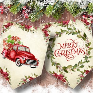 American Christmas Vintage Red Truck Bunting / Banner & Ribbon