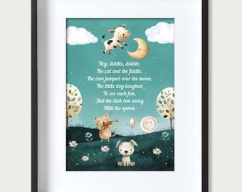 Nursery Rhyme Print - 'Hey Diddle the Cat and the Fiddle' - Choose Size