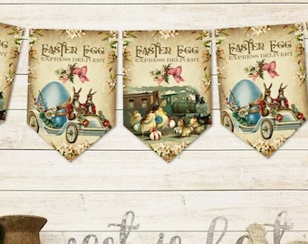 Può includere: Uno striscione pasquale in stile vintage con cinque bandiere. Ogni bandiera presenta un uovo di Pasqua blu e bianco, una piccola macchina con coniglietti e il testo "Easter Egg Express Delivery". Le bandiere sono decorate con fiori e verde.