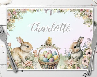 Manteles individuales de papel desechables personalizados con diseño de conejo de Pascua con flores de primavera