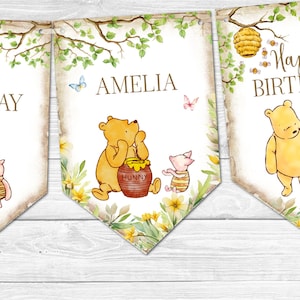 Personalised Winnie the Pooh Floral Happy Birthday Bunting