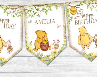 Personalised Winnie the Pooh Floral Happy Birthday Bunting