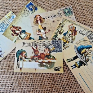 6 petites cartes postales vintage sur le thème d'Alice au pays des merveilles