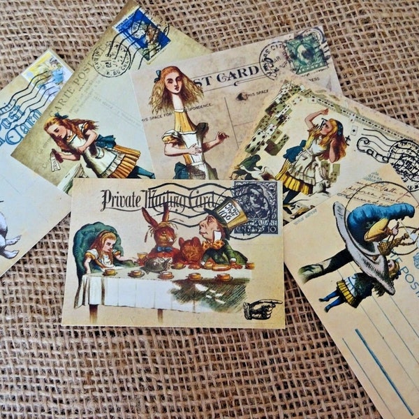 6 Alice in Wonderland Themed Small Vintage Style Post Cards