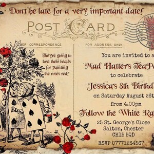 May include: Vintage-style postcard invitation for a Mad Hatter's Tea Party, featuring illustrations from Alice in Wonderland. The invitation includes the text "Don't be late for a very important date!" and details for Jessica's 8th birthday.