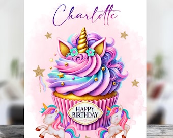 Tarjeta de felicitación de cumpleaños personalizada con cupcake de unicornio arcoíris (tamaño a elegir)