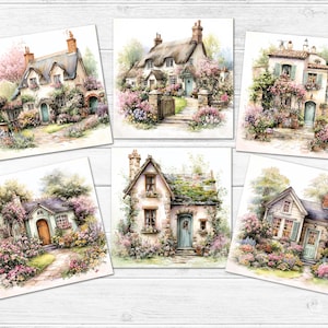 Peut inclure: Cinq impressions aquarelles de charmantes maisons de campagne entourées de jardins fleuris. Chaque maison présente des détails architecturaux uniques, avec des fleurs roses, violettes et vertes. Les impressions évoquent la tranquillité et la vie rurale idyllique.