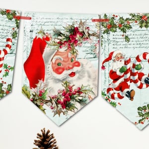 Santa&#39;s Joy Christmas Holidays Vintage Red and White Banner Bunting Decoration
