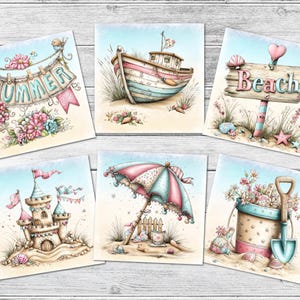 May include: A set of six square watercolour prints with a beach theme. Each print depicts a different summer scene, including a boat, a sign that says "Beach", a sandcastle, an umbrella, a bucket with flowers, and a banner that says "Summer".
