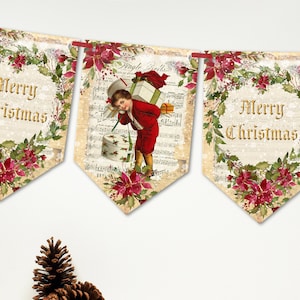 Christmas Bunting Holidays Vintage Victorian Children Banner  Decoration