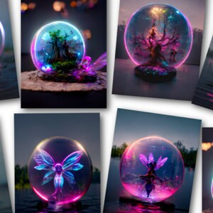 May include: A collection of four glowing orbs, each containing a different scene. The first orb features a small tree with green leaves and a blue and purple glow. The second orb shows a tree with a fairy sitting on a branch, surrounded by a pink and blue glow. The third orb contains a fairy with blue wings and a pink and blue glow. The fourth orb shows a fairy with pink wings and a pink and blue glow.