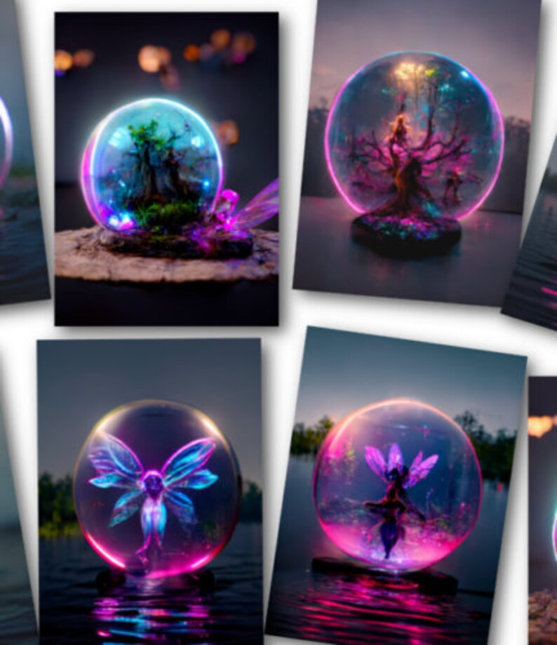 May include: A collection of four glowing orbs, each containing a different scene. The first orb features a small tree with green leaves and a blue and purple glow. The second orb shows a tree with a fairy sitting on a branch, surrounded by a pink and blue glow. The third orb contains a fairy with blue wings and a pink and blue glow. The fourth orb shows a fairy with pink wings and a pink and blue glow.