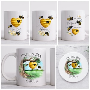 Personalised Queen Bee Mug and Coaster Gift Floral Honey Bumble Bees