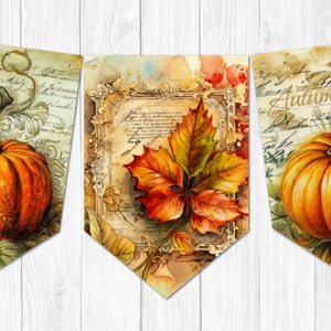 May include: Three vintage-style pennants with autumnal themes. The first pennant features a pumpkin with a brown stem and green leaves. The second pennant features a large orange and yellow leaf with a brown stem. The third pennant features a pumpkin with a brown stem and green leaves and the word "Autumn" written in brown script.