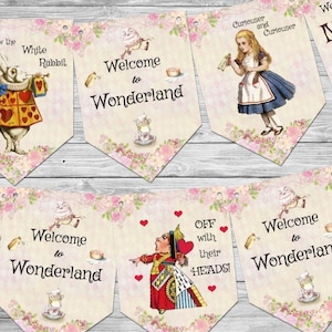 Alice in Wonderland Party Bunting/Banner & Ribbon - 10 flags
