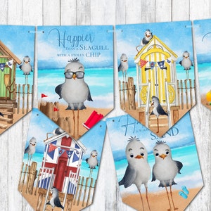 Banderines de cabaña de playa, decoración de verano novedosa: mar, arena, cabañas de playa y gaviotas