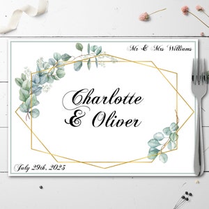 Personalised Eucalyptus and Gold Frame Disposable Paper Table Place Mats