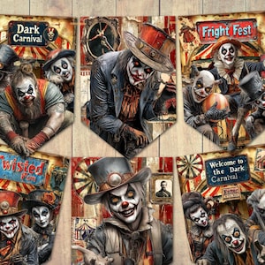 Peut inclure: Un ensemble de six bannières d'Halloween de style vintage mettant en scène des clowns effrayants et des thèmes de carnaval. Les bannières sont à rayures rouges et blanches, et le texte comprend "Dark Carnival", "Fright Fest", "Twisted Fun" et "Welcome to the Dark Carnival".