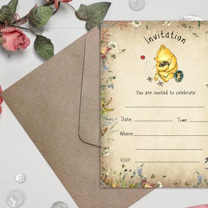 6 Winnie de Poeh-doop, babyshower, verjaardagsuitnodigingen en kraftbruine enveloppen