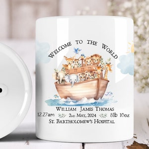 Personalised Noah&#39;s Ark &#39;Welcome to the World&#39; Baby&#39;s Birth Record Money Box