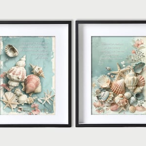2 Seashell Beach Nautical Bathroom Wall Art Prints - Choose Size