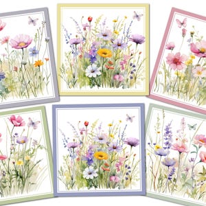 May include: Six square watercolour prints depicting colourful wildflowers and butterflies. Each print has a different coloured border: grey, yellow, pink, green, and blue. The flowers include poppies, daisies, and lavender.