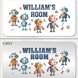 Personalised Robot Metal Bedroom Door Sign Name Plaque, Grey or White Background