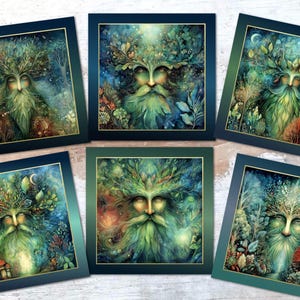 May include: A collection of six framed art prints featuring a Green Man design. The artwork depicts a face with a beard and a crown of leaves, set against a backdrop of a forest with a blue and green color palette.