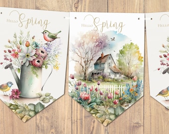 Hello Spring Floral Bunting Shabby Chic Cottage Style Decoration