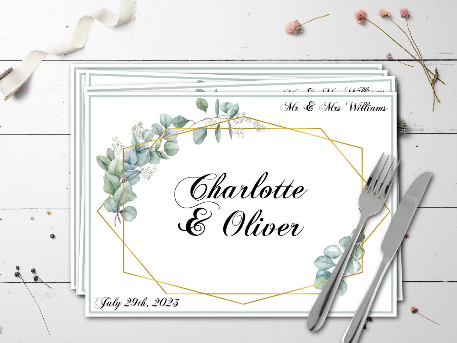 Custom Paper Table Mat Personalised Eucalyptus and Gold Frame Disposable Paper Table Place ...