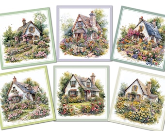 Adornos para tarjetas con diseño de jardín floral de rosas y cabaña campestre - 8,9 cm