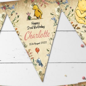 Personalised Winnie the Pooh Vintage Style Wildflowers Bunting - 12 Flags for Any Occasion