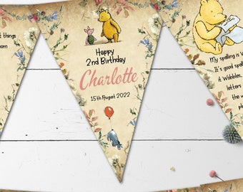 Personalised Winnie the Pooh Vintage Style Wildflowers Bunting - 12 Flags for Any Occasion