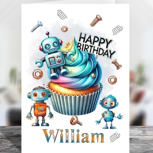 Gepersonaliseerde robotcupcake gelukkige verjaardagswenskaart - maat kiezen