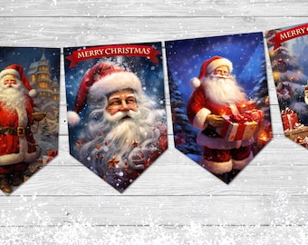 Puede incluir: Cuatro pancartas navideñas festivas con Papá Noel en diferentes poses. Cada pancarta tiene un fondo azul con copos de nieve blancos y el texto "Feliz Navidad".