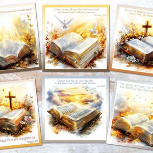 Könnte beinhalten: Eine Sammlung von sechs Kunstdrucken mit offenen Büchern mit inspirierenden Zitaten und religiösen Bildern. Jeder Druck zeigt einen anderen Bibelvers, mit einem Kreuz, Tauben und floralen Elementen. Die Farbpalette umfasst warme Töne von Gold, Braun und Weiß.