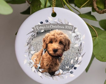 Personalised Pet Dog Puppy First Christmas Keepsake Memory Gift Decoration - Your Own Photo Added