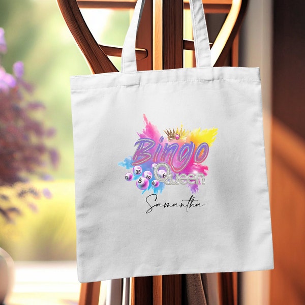 Gepersonaliseerde Bingo Queen lange handgreep witte Tote Bag nieuwigheid cadeau idee